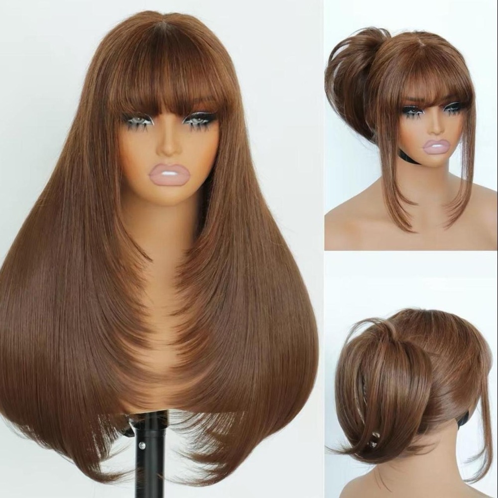 Chestnut Brown Synthetic Women's Wig with Bangs - Versatile Styling